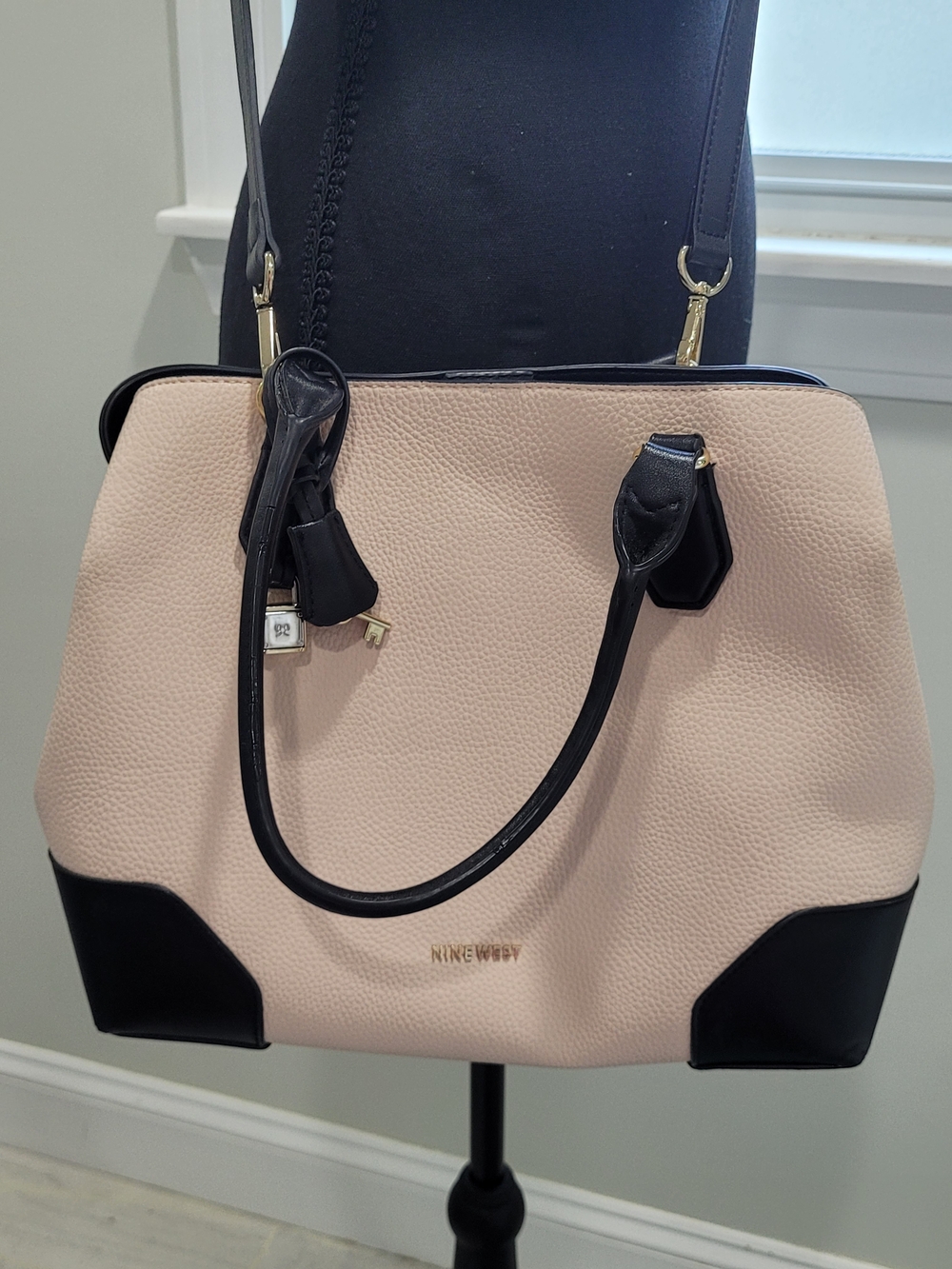 Nine West Blush Cream and Black Satchel Handbag Lock Key Gold Hardware